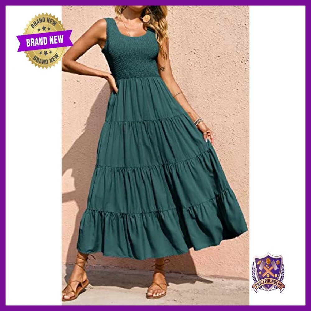 Smocked Tank Maxi Dress Tiered Long Sleeveless Spring Beach Casual - Picture 4 of 8